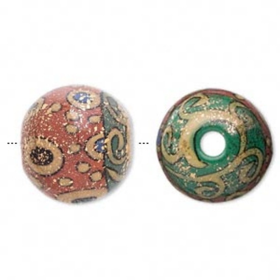 Picture of Bead, porcelain, brown/green with 24Kt gold accents, 18mm round with 3.5-4mm hole x1