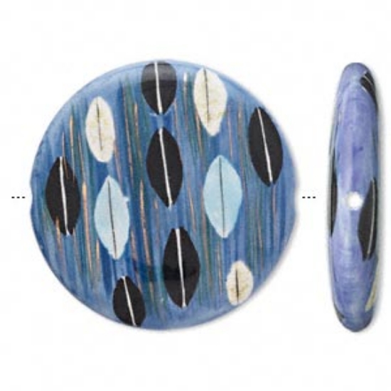 Picture of Bead, porcelain, blue with 24Kt gold accents, 36mm flat round x1