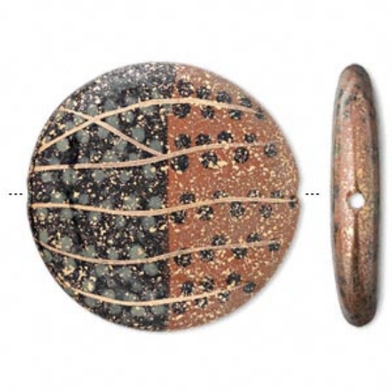Picture of Bead, porcelain, black/brown with 24Kt gold accents, 37x7mm flat round x1