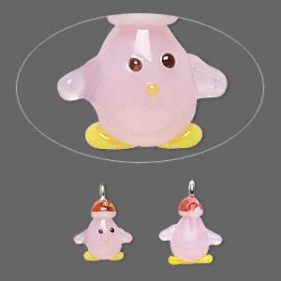 Picture of Glass Charm 13.5x11mm bird with red Santa hat Pink x1