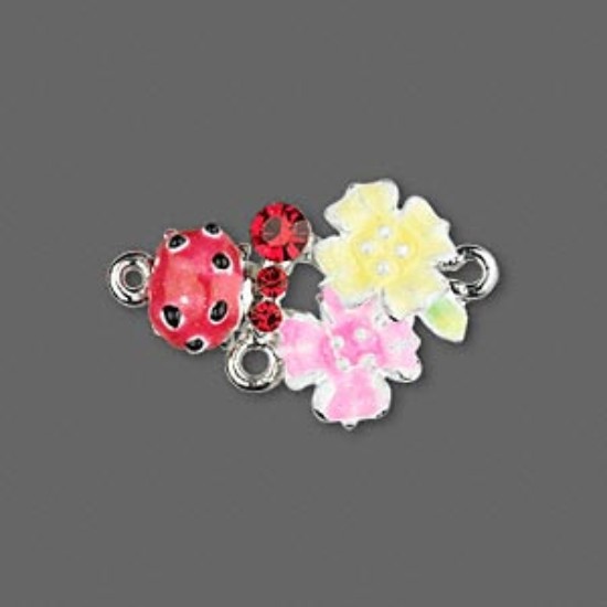 Image de Link, imitation rhodium-finished "pewter"and enamel, red/pink/yellow, 23x19mm ladybug with 2-flowers, 3-loops x2