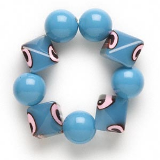Picture of Bracelet, stretch, acrylic, opaque and translucent blue / pink / brown, 22mm round and 31x26mm dice, 7-1/2 inches x1