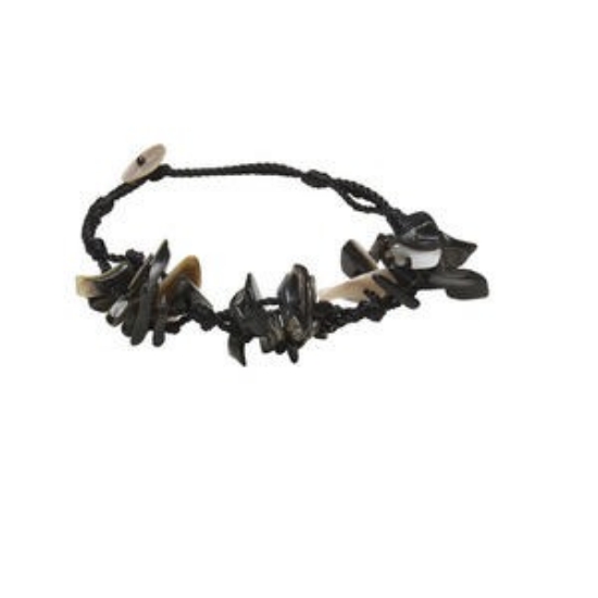 Picture of Bracelet, shell (natural) and waxed cotton cord, black, chips, 7-1/2 inches with button clasp closure x1