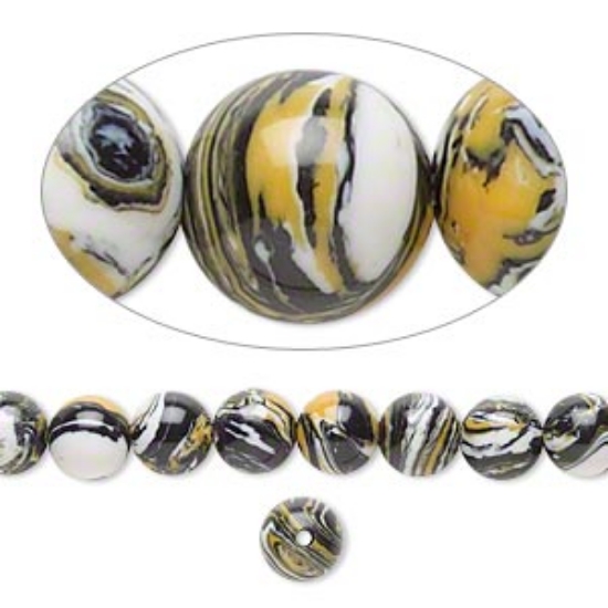Picture of Bead resin black / white / dark yellow 6mm round x40cm