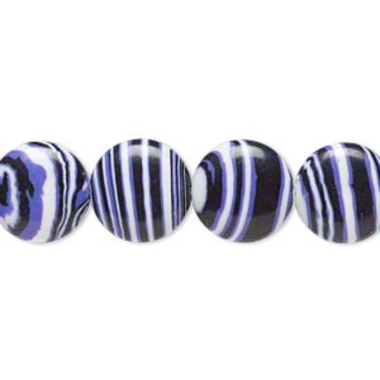 Image de Bead resin black / white / purple 12mm flat round. Sold per 16-inch strand.