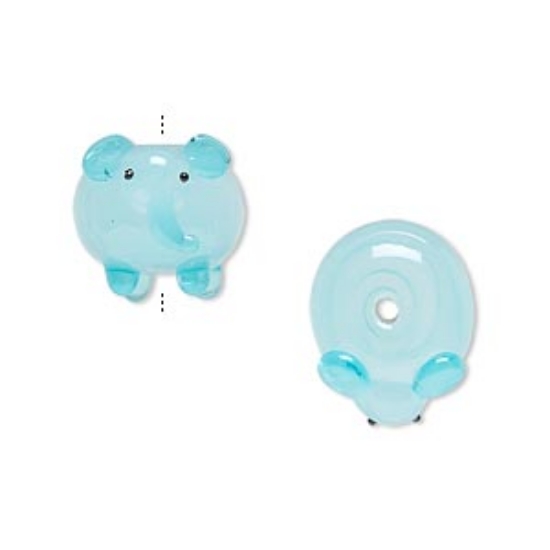 Picture of Bead, lampworked glass, blue, 16x13mm elephant. Sold individually.