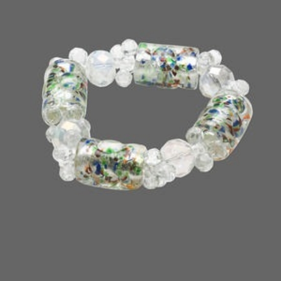 Picture of Lampworked Glass Stretch Bracelet barrel Silver Color Foil x1