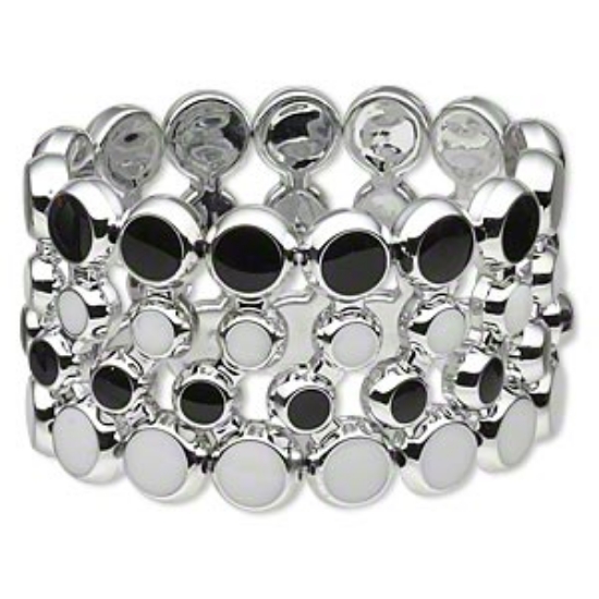 Picture of Bracelet, stretch, epoxy and silver-coated plastic, white and black, 42mm wide 4-row round, 7 to 7-1/2 inches. Sold individually.