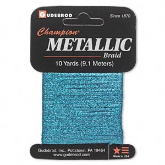 Picture of Thread, Gudebrod, Mylar, metallic turquoise blue, electra hologram braid, 13-18 thread count. Sold per 10-yard card.