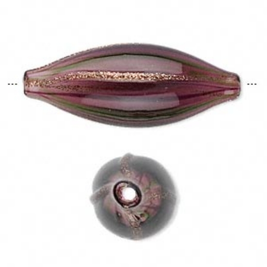 Picture of Murano-style hand-blown Glass Bead 35x12mm oval Purple and Green x1