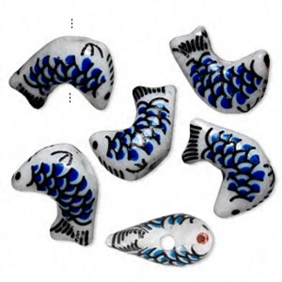 Picture of Porcelain Bead Fish 18x12mm white / blue / black x5