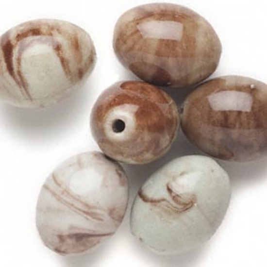 Picture of Bead, ceramic, marbled light brown and pale green, 35x25mm-38x29mm oval x6