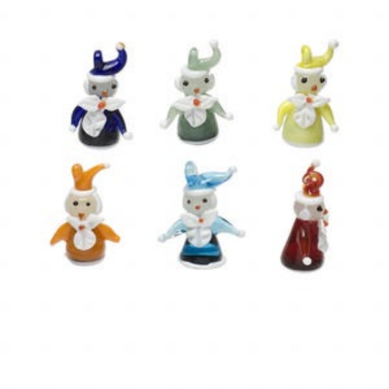 Picture of Focal, lampworked glass, multicolored, 51x41x18mm elf with hat and top loop. Sold per pkg of 6.