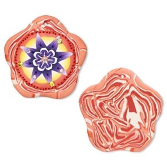 Picture of Focal, polymer clay, red and purple, 50mm flower with Czech rhinestone accents x1