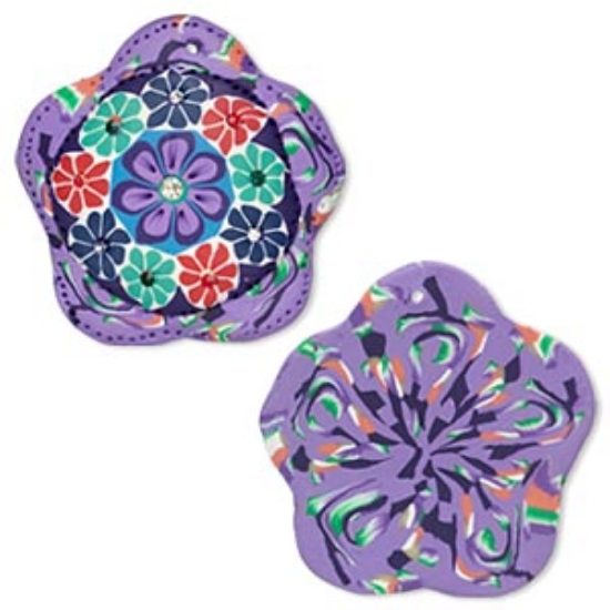 Picture of Focal, polymer clay, purple, green, red and blue, 50mm flower with Czech rhinestone accents x1