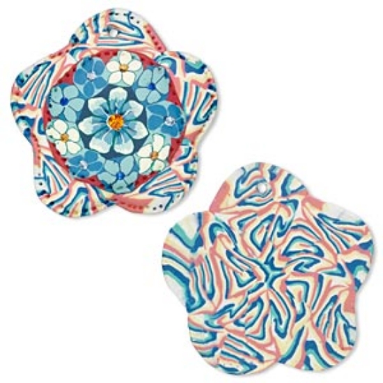 Picture of Focal, polymer clay, red, white and blue, 50mm flower with Czech rhinestone accents x1