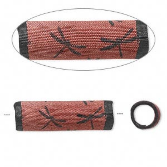 Picture of Bead, Sassy Silkies™, silk over soft acrylic core, red and black, 25x8mm tube with dragonfly and 5mm hole x1