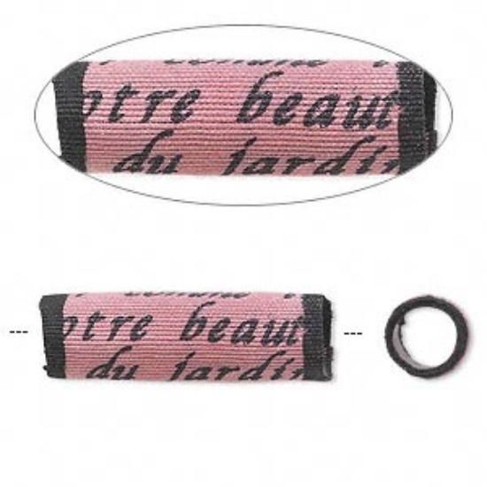 Picture of Bead, Sassy Silkies™, silk over soft acrylic core, pink and black, 25x8mm tube with script and 5mm hole.x1