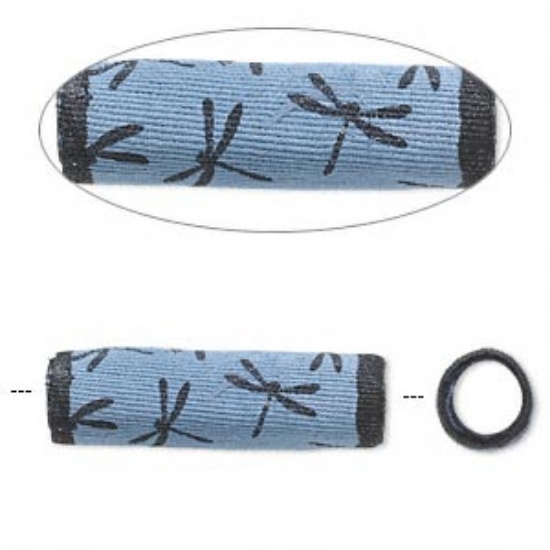 Picture of Bead, Sassy Silkies™, silk over soft acrylic core, sky blue and black, 25x8mm tube with dragonfly and 5mm hole x1