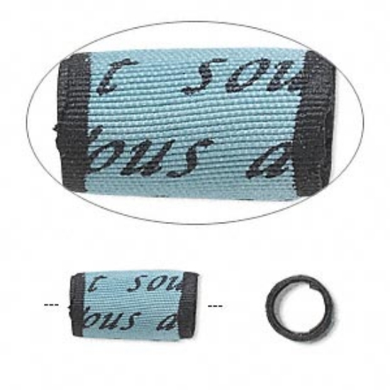 Picture of Bead, Sassy Silkies™, silk over soft acrylic core, turquoise blue and black, 13x8mm tube with script and 5mm hole. x1
