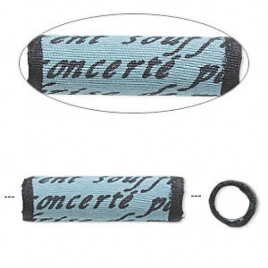 Picture of Bead, Sassy Silkies™, silk over soft acrylic core, turquoise blue and black, 25x8mm tube with script and 5mm hole x1