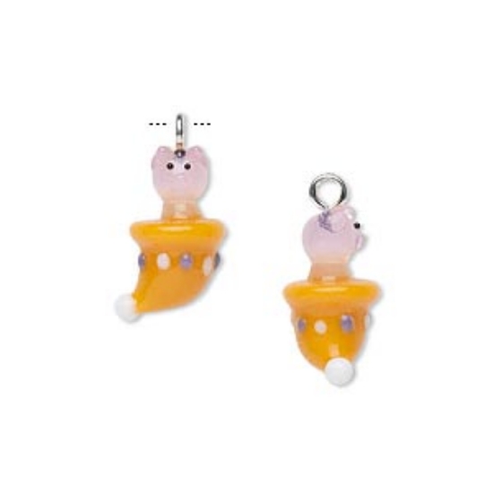 Picture of Lampworked Glass Pendant Pig in Cap 15x10mm w/ Silver Tone steel eyepin Pink/Orange x1