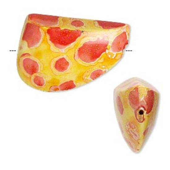 Afbeeldingen van Bead, hambabalud wood, red / orange / yellow, 28x20mm painted double-sided freeform x2