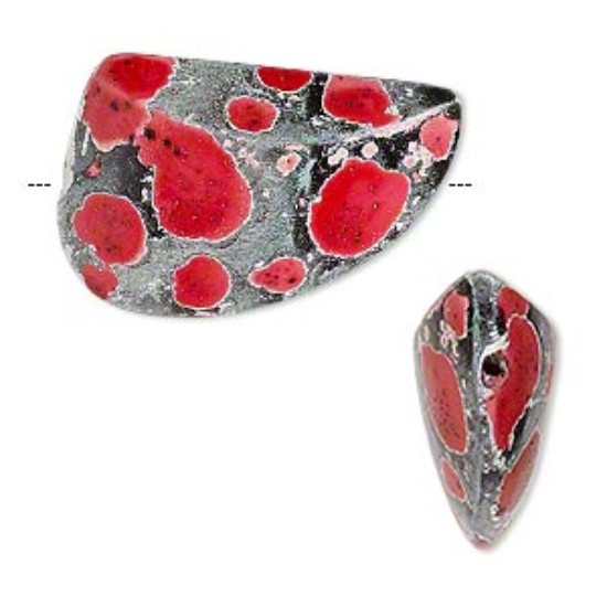 Afbeeldingen van Bead, hambabalud wood, red and dark grey, 28x20mm painted double-sided freeform x2