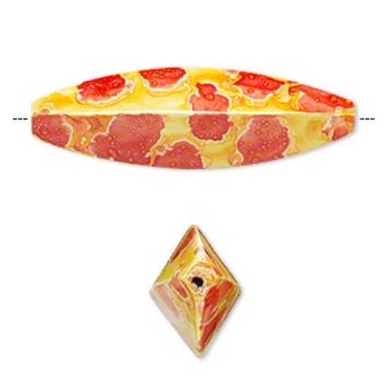 Picture of Bead, hambabalud wood, red / orange / yellow, 52x17mm painted 4-sided marquise. Sold per pkg of 2.