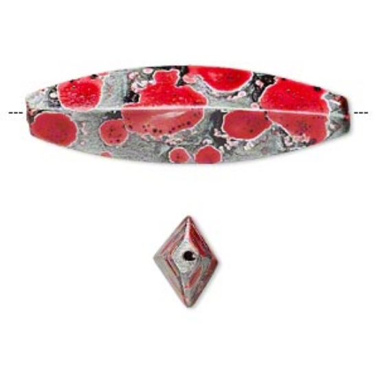 Picture of Bead, hambabalud wood, red and dark grey, 52x17mm painted 4-sided marquise. Sold per pkg of 2.