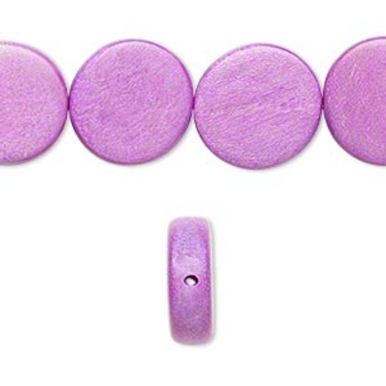 Picture of Bead, wood (dyed / waxed), light purple, 15mm flat round. Sold per 16-inch strand.