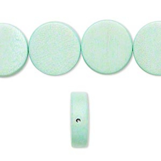 Picture of Bead, wood (dyed / waxed), turquoise green, 15mm flat round. Sold per 16-inch strand.