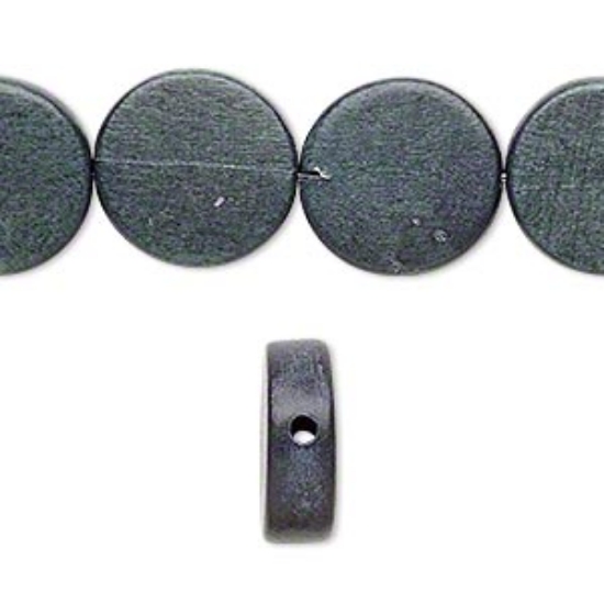 Picture of Bead, wood (dyed / waxed), blue-grey, 15mm flat round. Sold per 16-inch strand.