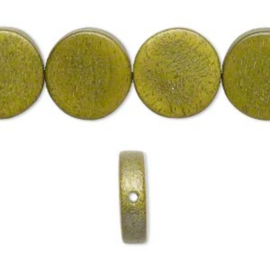 Picture of Bead, wood (dyed / waxed), light forest green, 15mm flat round. Sold per 16-inch strand.