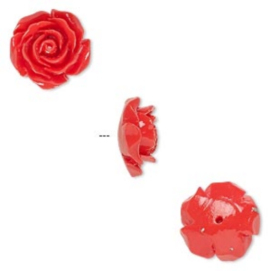 Picture of Bead resin red 12x12mm half-drilled rose. Sold per pkg of 2.