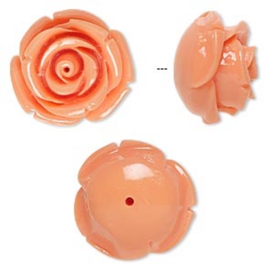 Picture of Bead resin light salmon pink 19x19mm half-drilled rose. Sold per pkg of 2.