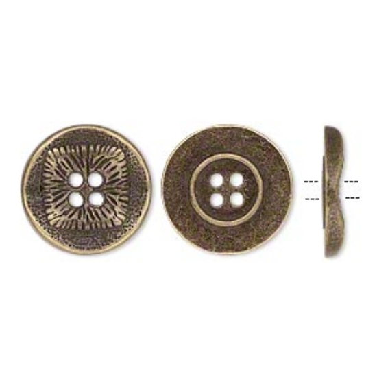 Picture of Button, antiqued brass-finished "pewter" (zinc-based alloy), 17mm single-sided wavy flat round with textured square design x20