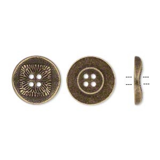 Picture of Button, antiqued brass-finished "pewter" (zinc-based alloy), 21mm single-sided wavy flat round with textured square design x20