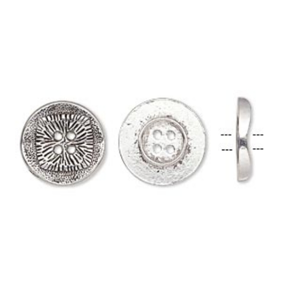 Picture of Button, antiqued silver-finished "pewter" (zinc-based alloy), 21mm single-sided wavy flat round with textured square design x20