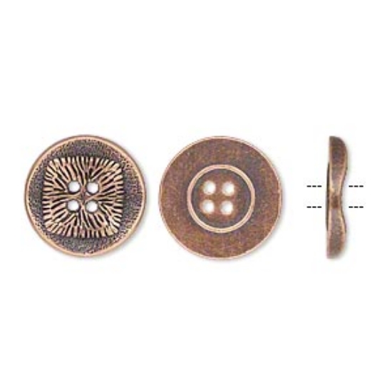 Picture of Button, antiqued copper-finished "pewter" (zinc-based alloy), 21mm single-sided wavy flat round with textured square design x20