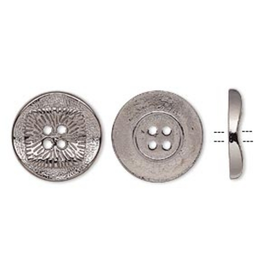 Picture of Button, gunmetal-finished "pewter" (zinc-based alloy), 21mm single-sided wavy flat round with textured square design x20
