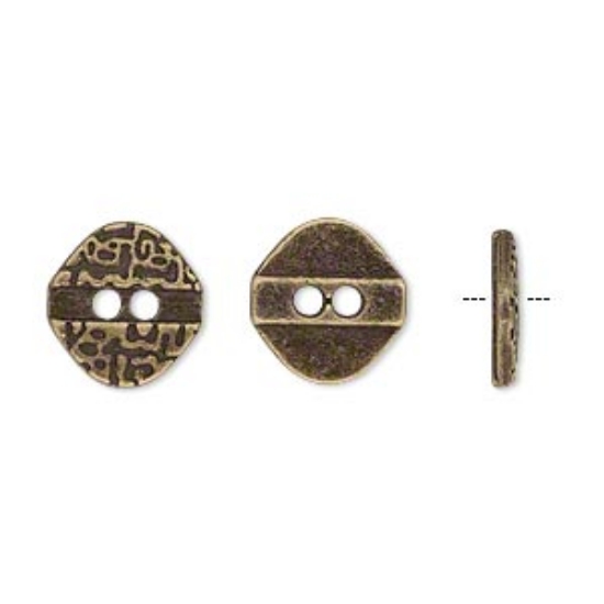 Picture of Button, antiqued brass-finished "pewter" (zinc-based alloy), 12x11.5mm single-sided textured flat diamond. Sold per pkg of 50.