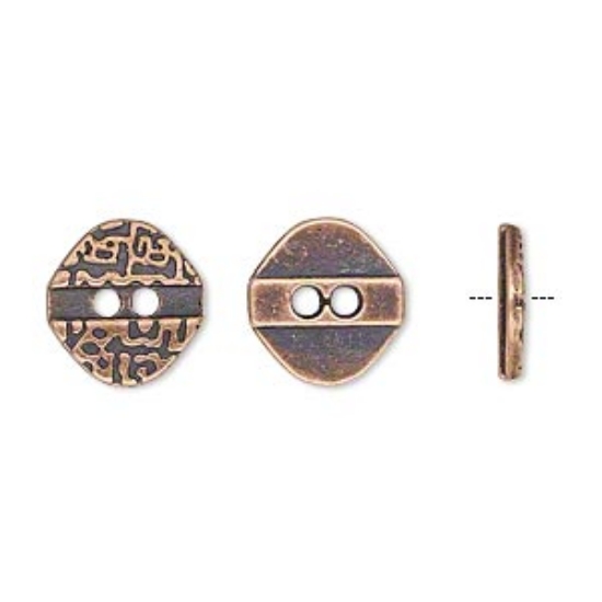 Picture of Button, antiqued copper-finished "pewter" (zinc-based alloy), 12x11.5mm single-sided textured flat diamond. Sold per pkg of 50.
