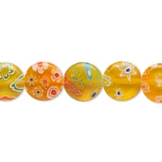Picture of Millefiori Glass Bead flat Round 10mm Yellow x8