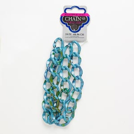 Afbeeldingen van Aluminum Chain 29x20mm beveled curb with floral pattern Teal x60cm