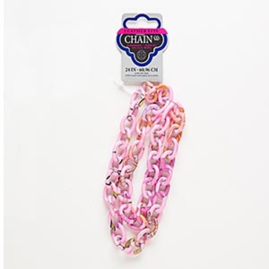 Afbeeldingen van Aluminum Chain 20x15mm oval cable with floral pattern Pink and Multicolored x60cm