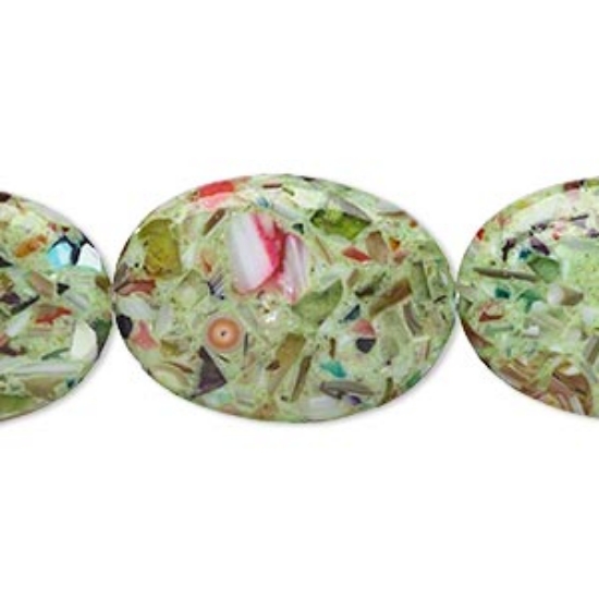 Picture of Bead mother-of-pearl shell and resin (assembled) opaque light green and multicolored 34x24mm-35x25mm puffed oval. Sold per 15-inch strand.
