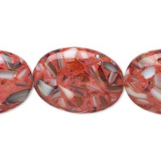 Picture of Bead mother-of-pearl shell and resin (assembled) opaque red and multicolored 24x18mm-25x19mm puffed oval. Sold per 15-inch strand.