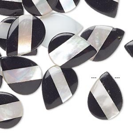 Picture of Mother-of-Pearl Shell 16x12mm top-drilled drop Black White x2