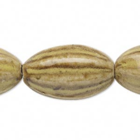 Picture of Bead, ceramic, yellow / green / brown, 28x18mm corrugated oval. Sold per 16-inch strand.